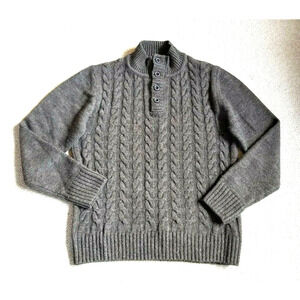 Womens Sweater-LORENZO MAGNI-ITALY-brown wool cable knit henley Fisherman-M